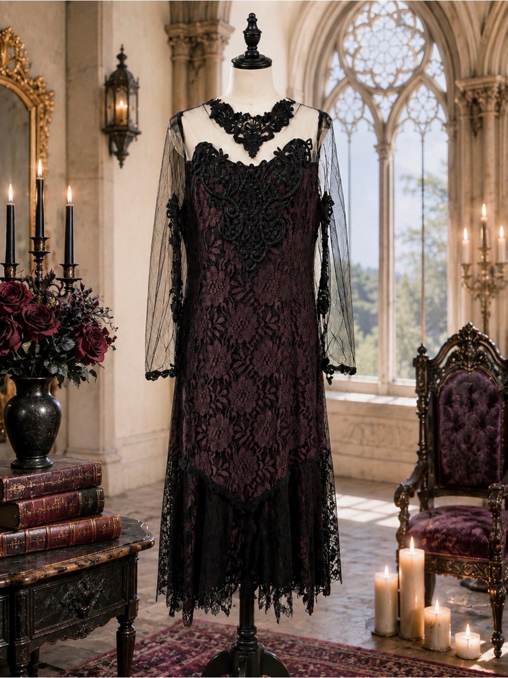 Vintage Starwood USA Lace Midi Dress in burgundy and Black lace 1x